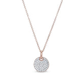 Rose gold and gold vermeil finish sterling silver micropave round pendant with simulated diamonds on 18 cable chain