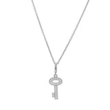 Platinum finish sterling silver micropave key pendant with simulated diamonds on 16 - 18 adjustable chain