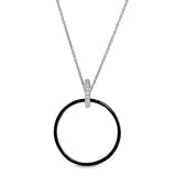Platinum finish sterling micropave black enamel open hoop pendant with simulated diamonds on 16 - 18 adjustable cable chain