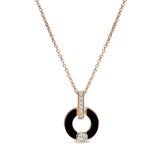 Rose gold finish sterling silver pendant with black enamel and simulated diamonds on 16 - 18 adjustable cable chain