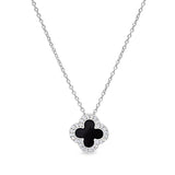 Platinum finish sterling silver micropave black enamel clover pendant with simulated diamonds on 16 -18 cable chain