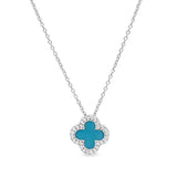 Platinum finish sterling silver micropave turquoise enamel clover pendant with simulated diamonds on 16 -18 cable chain