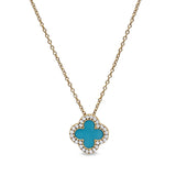 Gold vermeil sterling silver micropave turquoise enamel clover pendant with simulated diamonds on 16 -18 cable chain