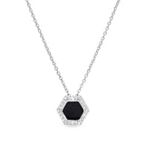 Platinum finish sterling silver micropave black enamel hexagon pendant with simulated diamonds on 16 -18 cable chain