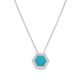 Platinum finish sterling silver micropave turquoise enamel hexagon pendant with simulated diamonds on 16 -18 cable chain