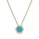 Gold vermeil sterling silver micropave turquoise enamel hexagon pendant with simulated diamonds on 16 -18 cable chain