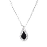 Platinum finish sterling silver micropave black enamel teardrop pendant with simulated diamonds on 16 -18 cable chain