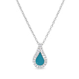 Platinum finish sterling silver micropave turquoise enamel teardrop pendant with simulated diamonds on 16 -18 cable chain
