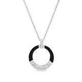 Platinum finish sterling silver micropave black enamel open circle pendant with simulated diamonds on 16 -18 cable chain