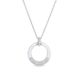 Platinum finish sterling silver micropave white enamel open circle pendant with simulated diamonds on 16 -18 cable chain