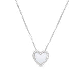 Platinum finish sterling silver micropave white enamel heart pendant with simulated diamonds on 16 -18 cable chain