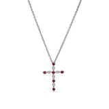 Platinum finish sterling silver simmulated garnet cross pendant with simmulated diamonds on 16 - 18 adjustable chain