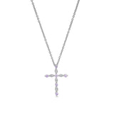 Platinum finish sterling silver simmulated pink sapphire cross pendant with simmulated diamonds on 16 - 18 adjustable chain