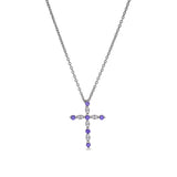 Platinum finish sterling silver simmulated amethyst cross pendant with simmulated diamonds on 16 - 18 adjustable chain