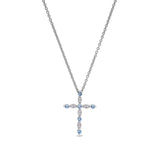 Platinum finish sterling silver simmulated aquamarie cross pendant with simmulated diamonds on 16 - 18 adjustable chain