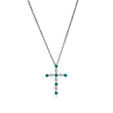 Platinum finish sterling silver simmulated emerald cross pendant with simmulated diamonds on 16 - 18 adjustable chain