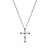 Platinum finish sterling silver simmulated ruby cross pendant with simmulated diamonds on 16 - 18 adjustable chain