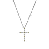 Platinum finish sterling silver simmulated peridot cross pendant with simmulated diamonds on 16 - 18 adjustable chain
