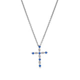 Platinum finish sterling silver simmulated sapphire cross pendant with simmulated diamonds on 16 - 18 adjustable chain