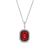 Platinum finish sterling silver micropave black enamel & simulated ruby octagon pendant with simulated diamonds on 18 cable