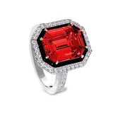 Platinum Finish Sterling Silver Micropave Black Enamel & Simulated Ruby Octagon Ring  - Size 9