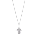 Platinum finish sterling silver micropave hamsa hand with evil eye pendant with  simulated diamonds on 18 fine cable chain