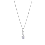 Platinum finish sterling silver diamond ribbon pendant with  a round solitaire simulated diamond on 16 - 18 adjustable chain
