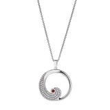 Platinum finish sterling silver micropave wave pendant with simulated garnet and simulated diamonds on adjustable chain