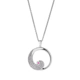 Platinum finish sterling micropave wave pendant with simulated pink sapphire and simulated diamonds on adjustable chain