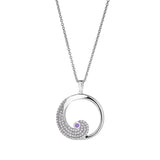 Platinum finish sterling micropave wave pendant with simulated light amethyst and simulated diamonds on adjustable chain