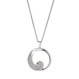 Platinum finish sterling silver micropave wave pendant with simulated peridot and simulated diamonds on adjustable chain