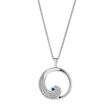 Platinum finish sterling silver micropave wave pendant with simulated sapphire and simulated diamonds on adjustable chain