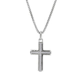 Rhodium Finished Sterling Silver Cross with Simulated Diamond Center Channel on 20 Rounded Box Chain