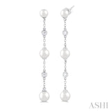 1/10 ctw Cultured Pearls 4X4 MM, 5X5 MM and 6X6 MM & Round Cut Diamond Station Long Earring in 14K White Gold