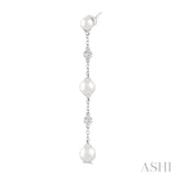 4 MM, 5 MM & 6 MM Round Shape Cultured Pearls and 1/10 Ctw Round Cut Diamond Station Long Earrings in 14K White Gold
