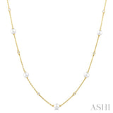 1/8 Ctw 3 MM Cultured Pearl and Round Cut Diamond Station Necklace in 14K Yellow Gold