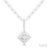 1/5 Ctw Princess Cut Bezel Set Diamond Fashion Pendant with Paper Clip Chain in 14K White Gold