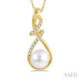 7 MM Round Shape Cultured Pearl and 1/10 Ctw Swirl Top Round Cut Diamond Fashion Pendant With Chain in 10K Yellow Gold