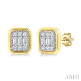 1/5 Ctw Petite Bezel Set Emerald Shape Fusion Baguette and Round Cut Diamond Fashion Stud Earrings in 10K Yellow Gold