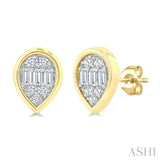 1/5 Ctw Petite Bezel Set Pear Shape Fusion Baguette and Round Cut Diamond Fashion Stud Earrings in 10K Yellow Gold