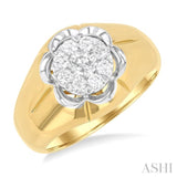 3/4 Ctw Floral Center Lovebright Round Cut Diamond Men's Ring in 10K Yellow and White Gold