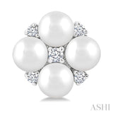 3 MM Floral Round Shape Cultured Pearl and 1/20 Ctw Round Cut Diamond Fashion Stud Earring in 10K White Gold