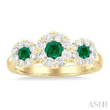 3.8 MM & 3 MM Emerald and 5/8 Ctw Round Cut Diamond Precious Lovebright Past, Present and Future Ring in 14K Yellow Gold