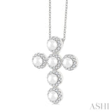 4 MM Cross Cultured Pearl and 1/4 Ctw Round Cut Diamond Pendant With Chain in 14K White Gold