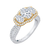 Oval Cut Diamond Three-Stone Halo Engagement Ring in 14K Two Tone Gold (Semi-Mount)