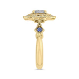 Round Diamond Double Halo Engagement Ring with Blue Sapphire in 14K Two Tone Gold