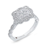 Euro Shank Round Diamond Emerald Shape Halo Engagement Ring in 14K White Gold