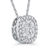 Round Diamond Cushion Shape Halo Pendant with Chain 14K White Gold