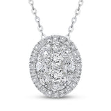 Round Diamond Oval Shape Halo Pendant with Chain 14K White Gold
