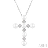 4 MM Round Shape Cultured Pearl and 1/10 Ctw Clover Round Cut Diamond Cross Pendant With Chain in 10K White Gold